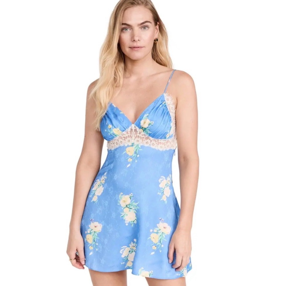 LoveShackFancy Sky Blue Floral Lace-Trim Slip Mini Dress